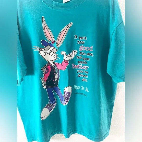 Vintage 90’s Bugs Bunny Positive Bright Turquoise oversized Tee M/L - Picture 2 of 6